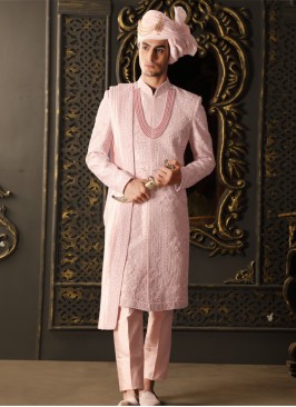 Pink Thread Embroidered Sherwani Set In Silk