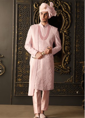 Pink Thread Embroidered Sherwani Set In Silk