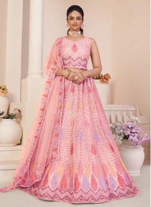 Sequins Embroidered Pink Lehenga Choli In Net