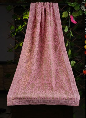 Pink Thread Work Dupatta In Velvet Fabric