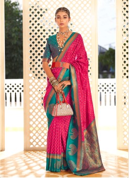 Deep Pink And Teal Blue Woven Silk Saree