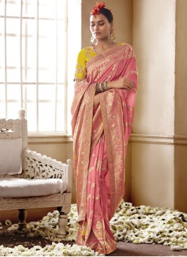 Gorgeous Pink Woven Silk Contemporary Saree