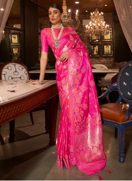 Pink and Orange Woven Silk Saree