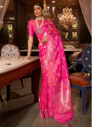 Pink and Orange Woven Silk Saree