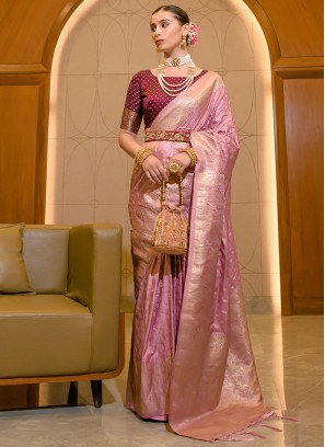 Pink Zari Woven Classic Satin Silk Saree