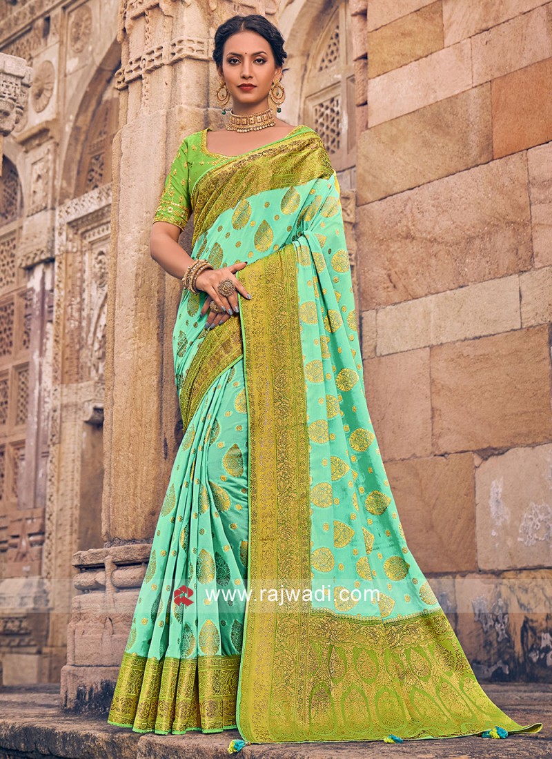 Handloom Sea Green Pure Chanderi Silk Saree With Gold And Silver Zari –  WeaverStory