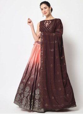 Brown Foil Print Chinon Silk A Line Lehenga Choli