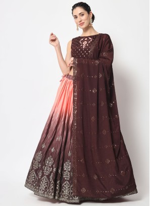 Brown Foil Print Chinon Silk A Line Lehenga Choli