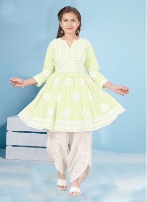 Pista Green And Off White Cotton Silk Salwar Kameez