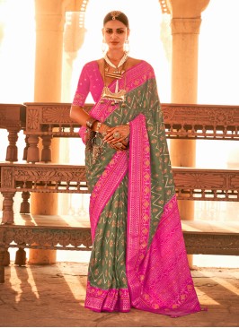 Pista Green & Pink Woven Patola Silk Classic Saree