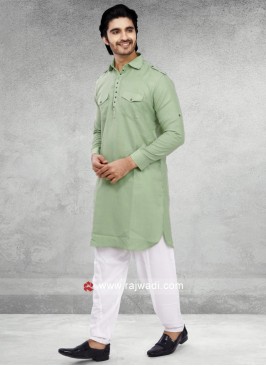 Pista Green And White Pathani Suit For Mens