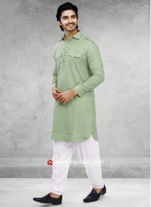 Pista Green And White Pathani Suit For Mens