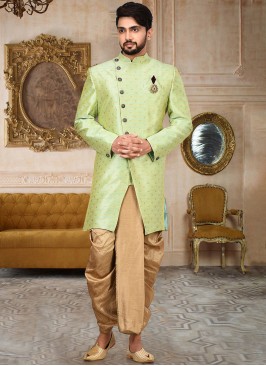 Pista Green Art Jacquard Silk Indowestern Set