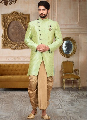 Pista Green Art Jacquard Silk Indowestern Set