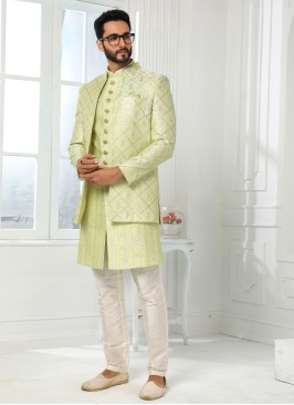 Pista Green Asymmetric Readymade Indowestern Set