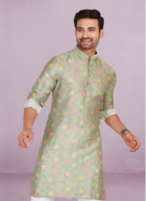 Pista Green Cotton Printed Kurta