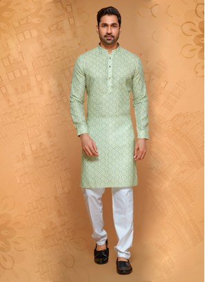 Pista Green Cotton Silk Kurta Pajama For Men