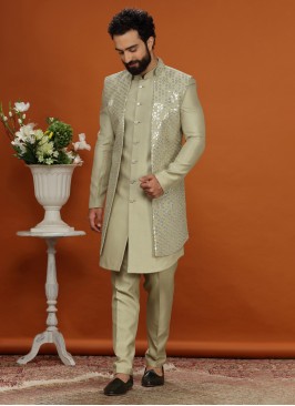 Pista Green Designer Nehru Jacket Set For Wedding