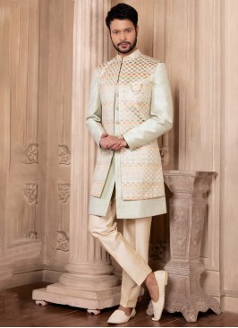 Pista Green Embroidered Jacket Style Indowestern Set