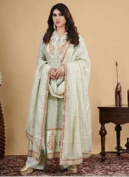 Pista Green Embroidered Palazzo Set In Chanderi Silk