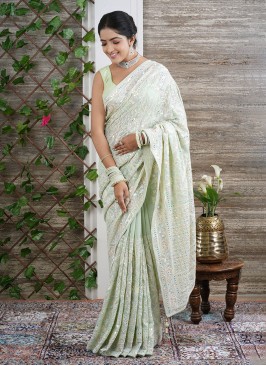 Pista Green Embroidered Saree In Chiffon
