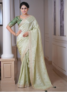 Pista Green Embroidered Saree With Designer Green Choli