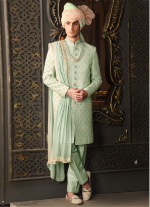 Pista Green Embroidered Sherwani Set In Silk