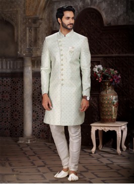 Pista Green Indowestern In Banarasi Jacquard