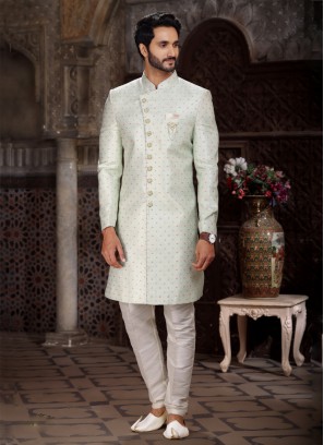 Pista Green Indowestern In Banarasi Jacquard