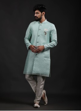 Pista Green Indowestern In Thread Work Designs