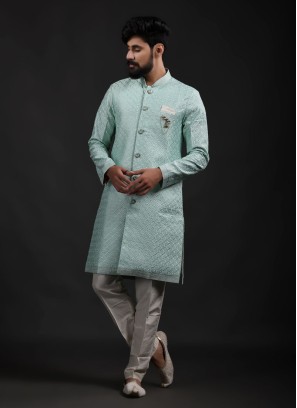 Pista Green Indowestern In Thread Work Designs