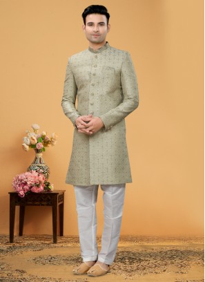 Pista Green Indowestern Set In Embroidered Designs