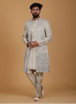 Pista Green Nehru Jacket Set In Cotton Silk With Embroidery