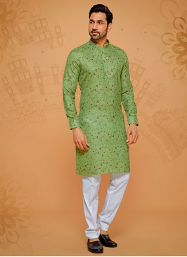 Pista Green Printed Design Kurta Pajama For Men