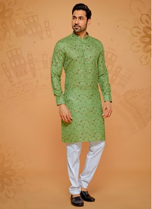 Pista Green Printed Design Kurta Pajama For Men