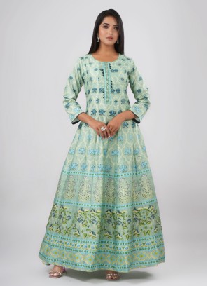 Pista Green Printed Long Anarkali Kurti In Soft Silk