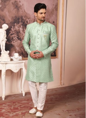 Pista Green Readymade Asymmetric Indowestern Set