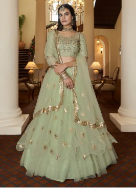 Pista Green Sequins Embroidered Designer Lehenga Choli