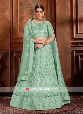 Pista Green soft net Lengha Choli with matching dupatta.