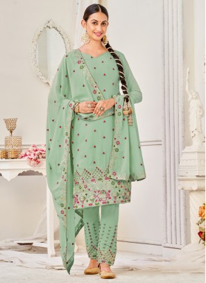 Pista Green Thread Embroidered Dress Material