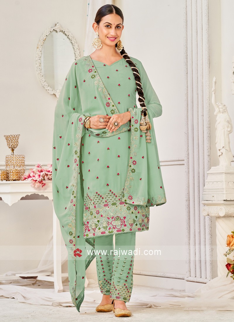 Pista Green Long Dress With Asymmetric Hemline And Attached Pearl White  Layers Online - Kalki Fashion | Long green dress, Dress, Long dress