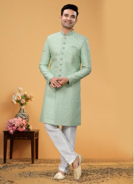 Pista Green Thread Embroidered Indowestern Set