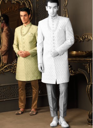 Pista Green Thread Embroidered Indowestern Set For Men