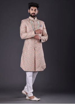 Pista Green Thread Work Indowestern For Mens