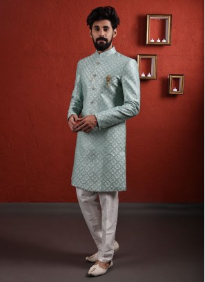 Pista Green Thread Work Indowestern In Silk Fabric