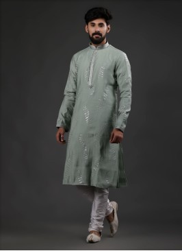 Pista Green Thread Work Silk Kurta Pyjama