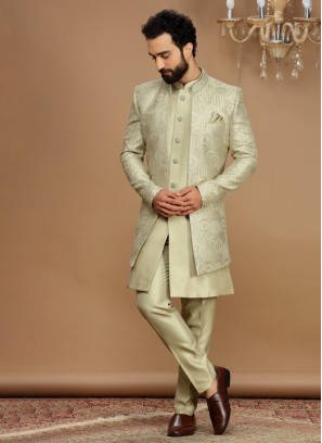 Pista Green Wedding Wear Designer Nehru Jacket Set