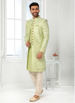 Pista Green Woven Indowestern Set In Art Silk