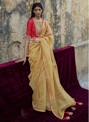 Yellow Festive Organza Saree With Embroidered Blouse