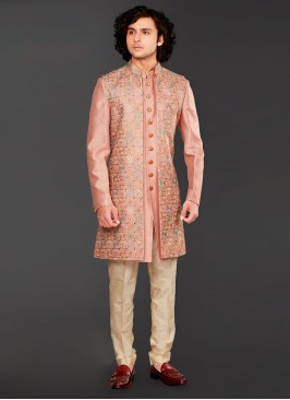 Plastic Mirror Work Indowestern In Peach Color